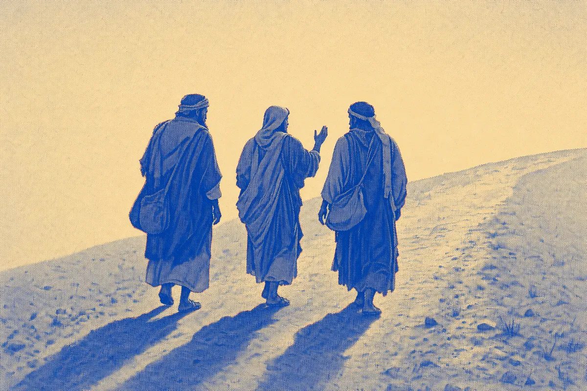 Two travellers on a road, joined by a stranger