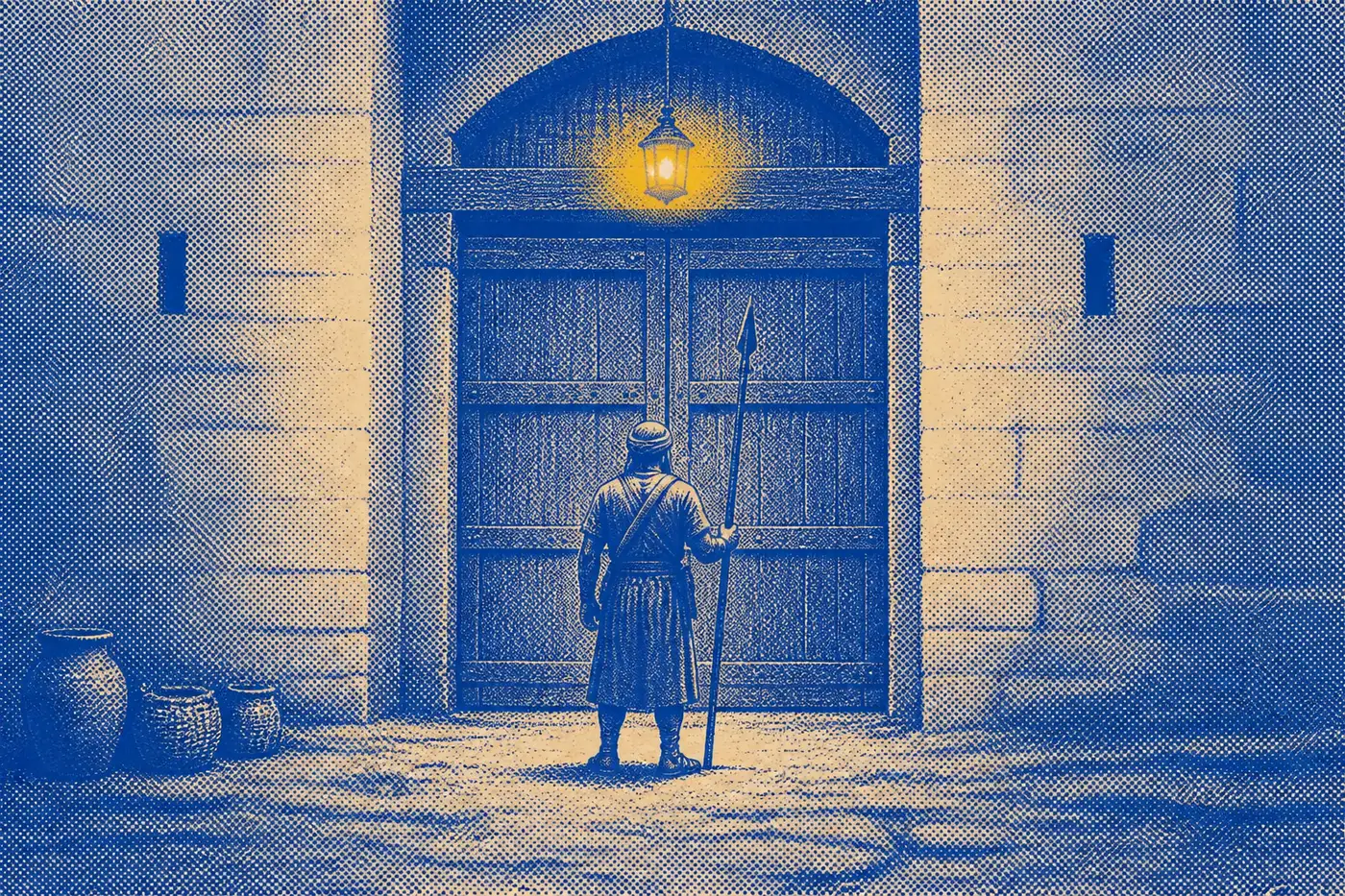A heavy closed city gate seen from inside the walls, a single armed guard standing across it beneath a lit lamp.