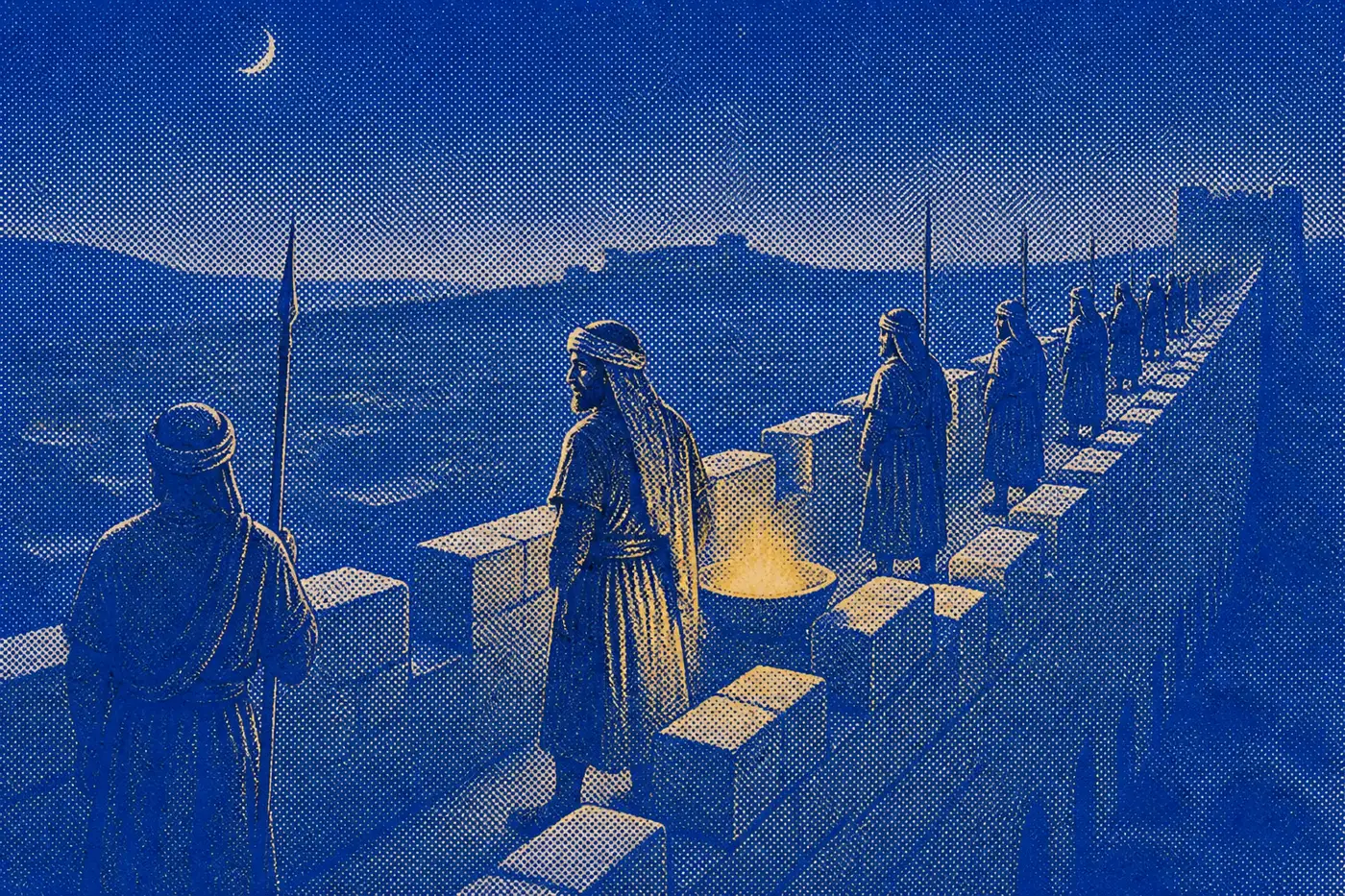 A city wall at night seen from above, armed sentries at even intervals along it all facing outward, with one in the foreground turned inward toward the city.