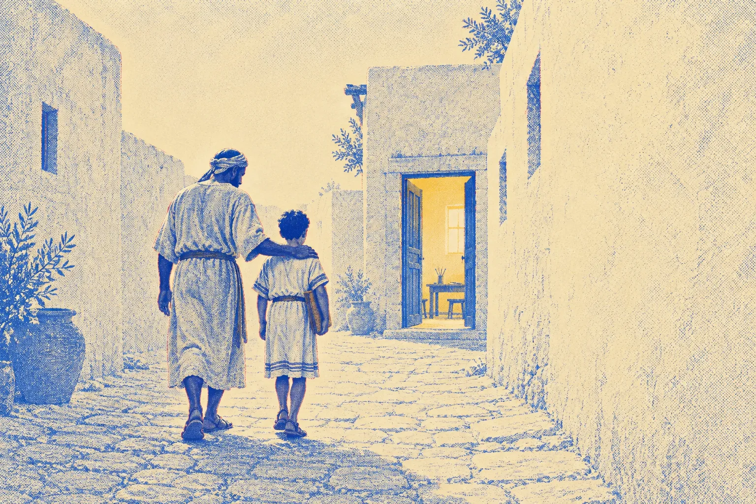 A Roman-era street at dawn seen from behind, an older household slave in a plain tunic walking a boy with a writing tablet toward a schoolroom doorway, the boy's hand resting on the man's arm