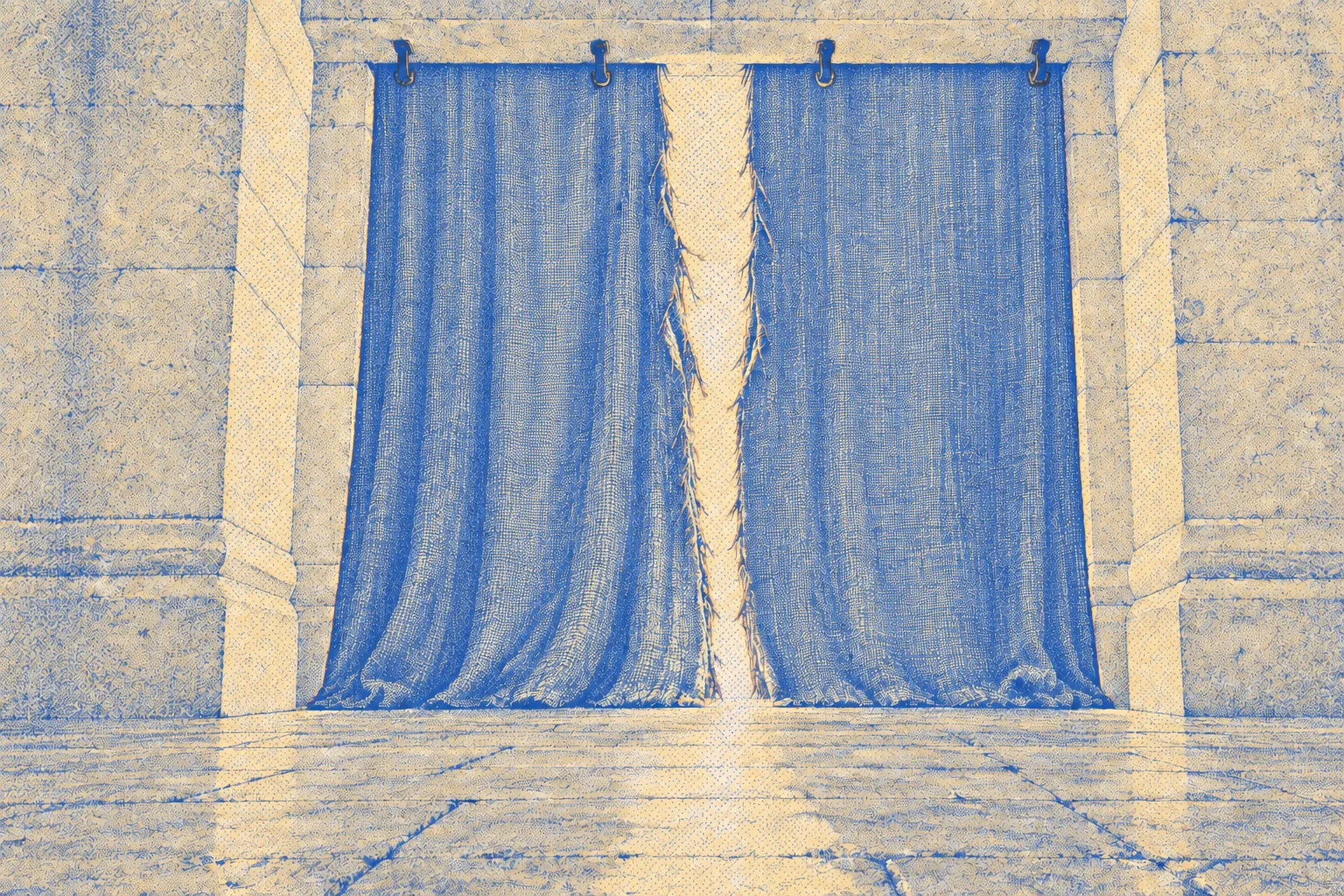 An enormous woven temple curtain hanging from a high stone lintel, split cleanly from the top down to the floor, warm light falling through the gap onto the stone floor of an empty chamber
