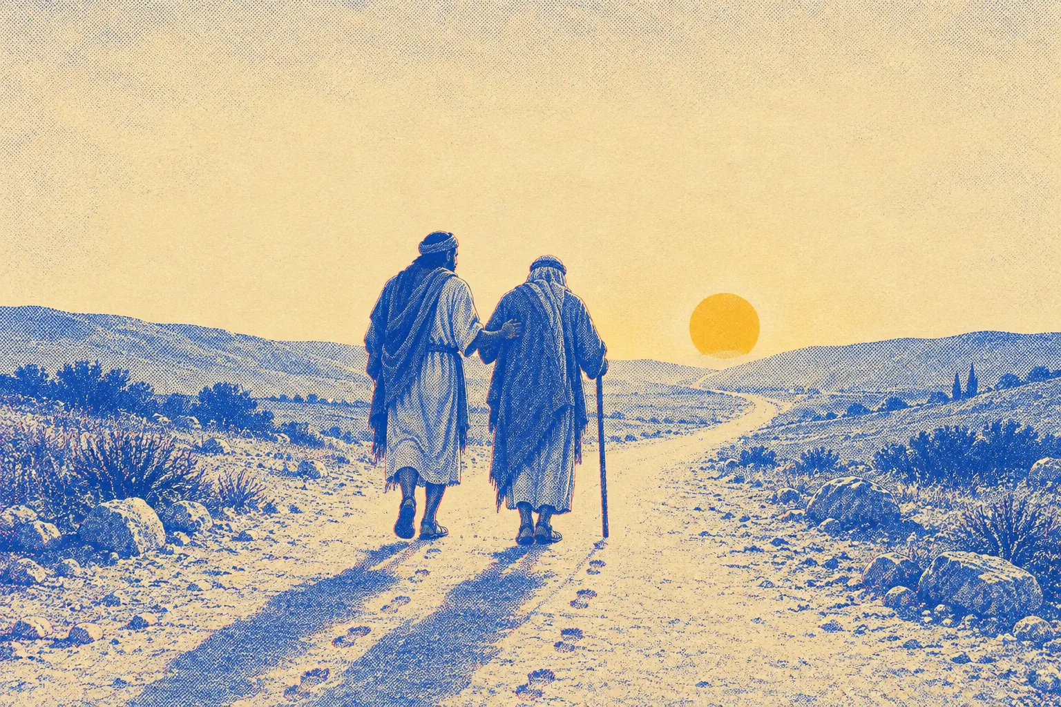Two men seen from behind walking together along a dusty road in the late afternoon, one leaning on a staff and moving slowly, the other matching his pace with a hand at his elbow