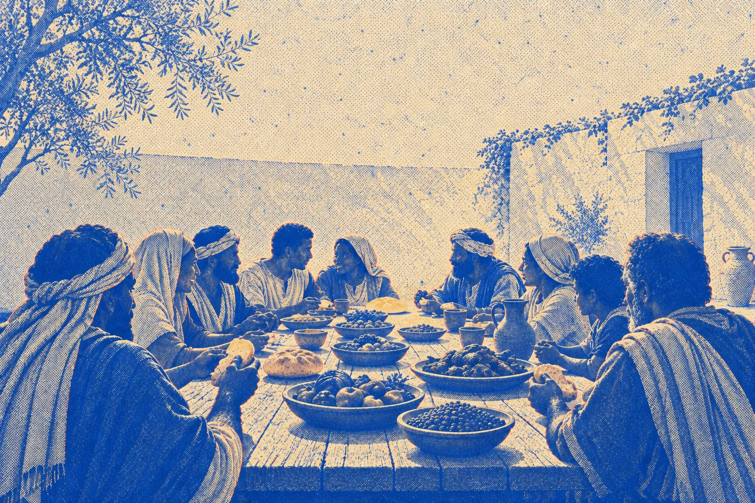 A long outdoor table in daylight seen from one end, many different kinds of people seated along both sides in simple robes, bowls of vegetables, bread and a dish of meat set out together down the middle