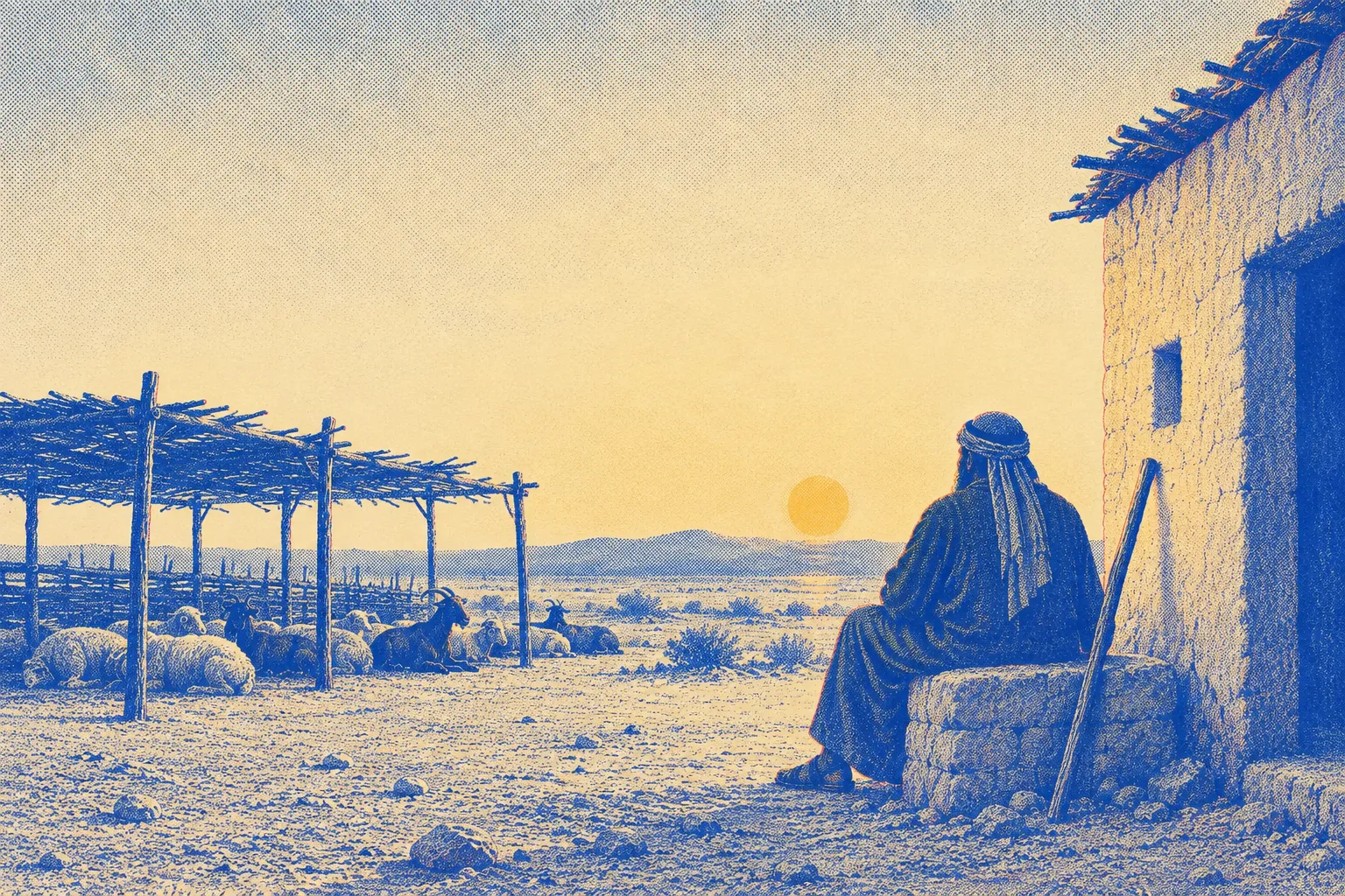 An older man sitting on a low stone bench beside a small stone house at sunset, a staff leaning near him, sheep and goats resting under a roofed shelter of poles and branches