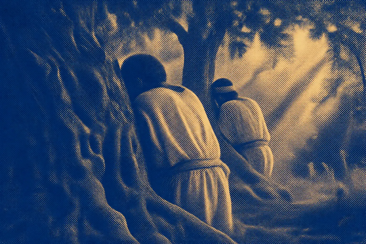 Two figures pressed behind heavy tree trunks in deep shadow, backs turned, a warm light falling through the grove beyond them.