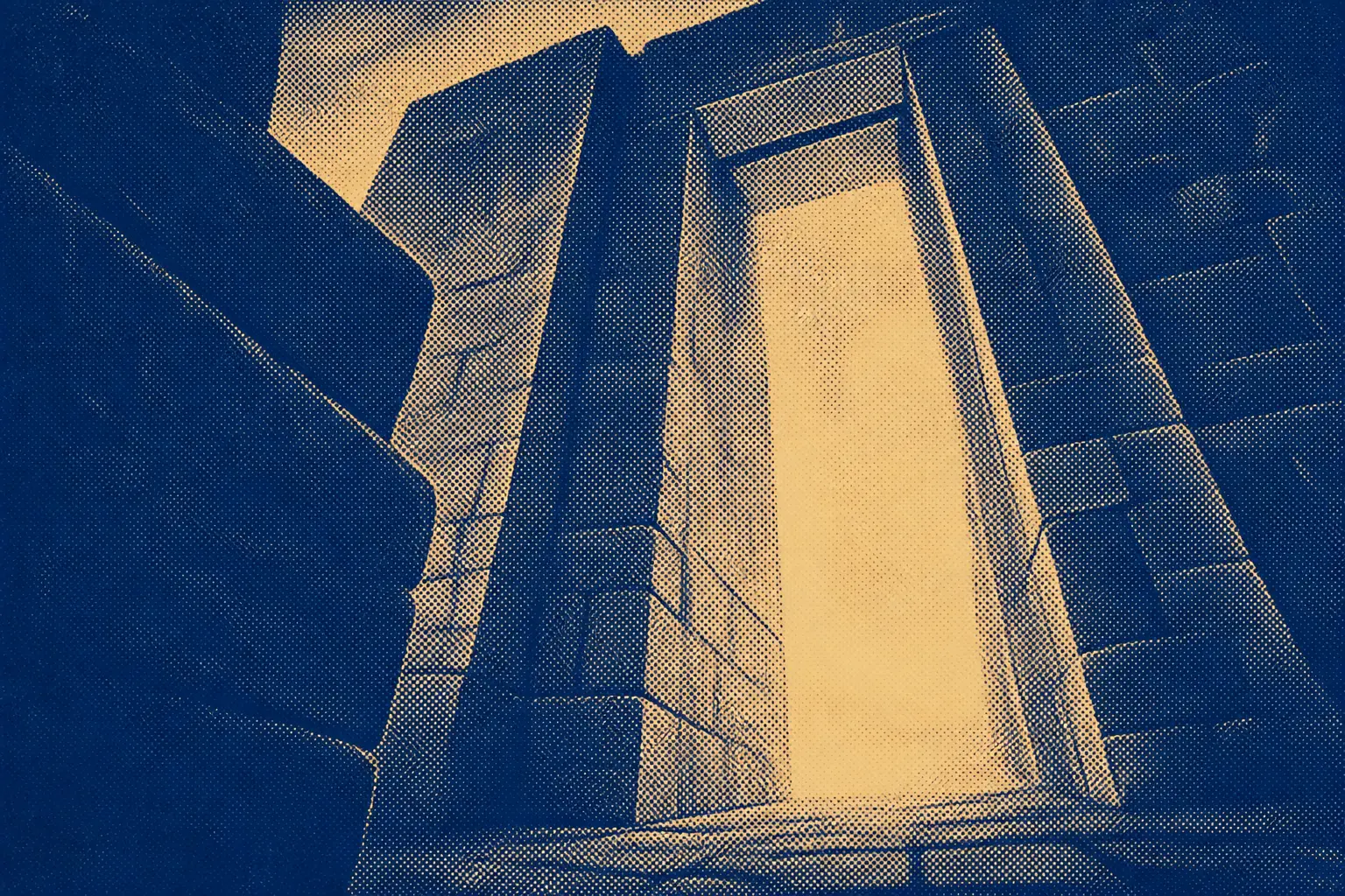 A vast open gateway with no door in it, light pouring through from beyond, seen from below.
