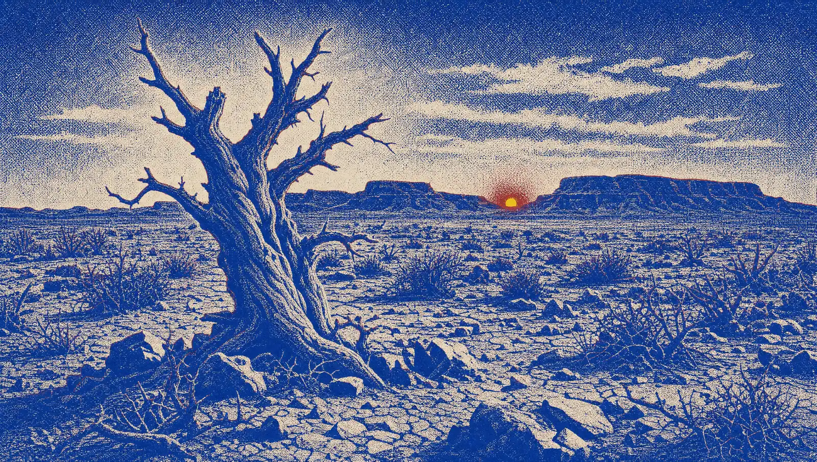 A single weathered desert tree standing alone on open scrubland under a pale sky, rendered in deep blue and cream halftone.