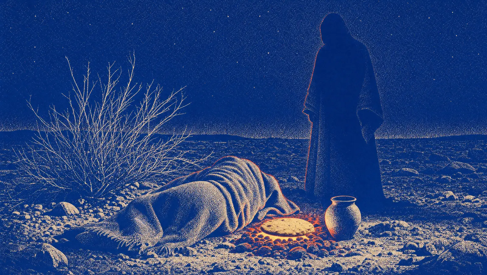 A figure lying asleep and wrapped in a cloak beneath a desert tree at night, while another stands quietly over him. A round loaf bakes on glowing coals beside a clay water jar, the only light in a dark starlit landscape.