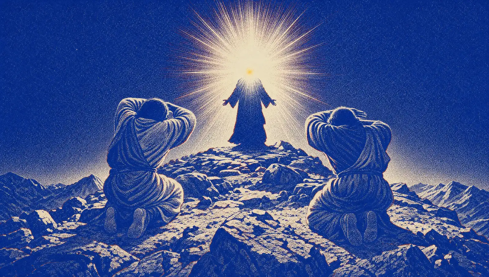 A radiant central figure on a mountain summit with rays of light behind him and two smaller figures kneeling on either side, shielding their eyes, in deep cobalt and cream halftone.