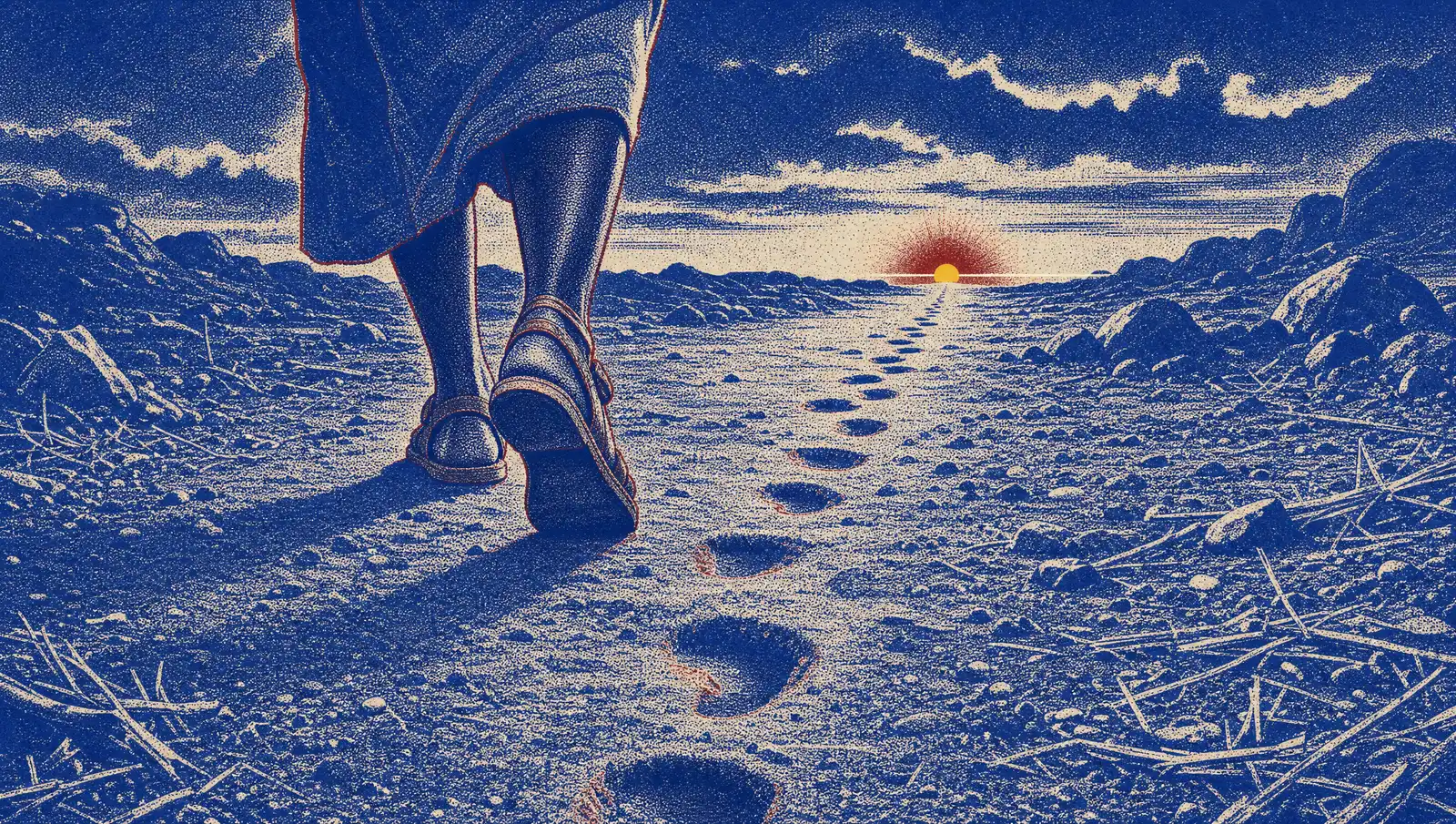 Sandalled feet walking across dusty ground, a line of footprints trailing away behind them toward a low sun, in deep cobalt and cream halftone.