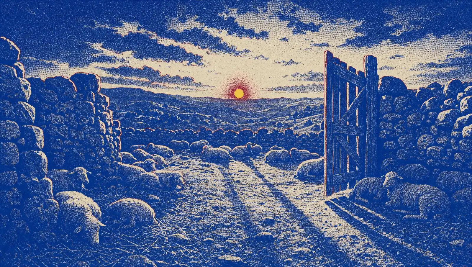 Sheep lying down inside a stone-walled fold with the gate standing open, long shadows across the ground, in deep blue and cream halftone.