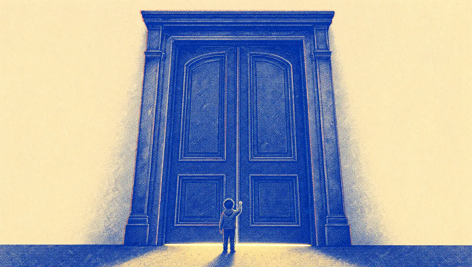 A small figure knocking at an enormous closed door, warm golden light spilling from the gap beneath it