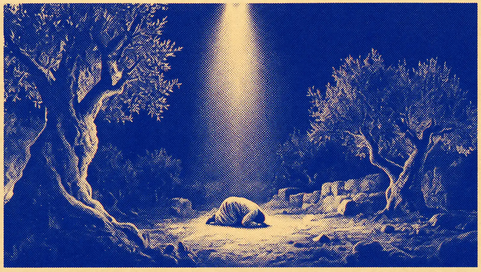 A solitary figure kneeling face-down among olive trees at night beneath a single shaft of light