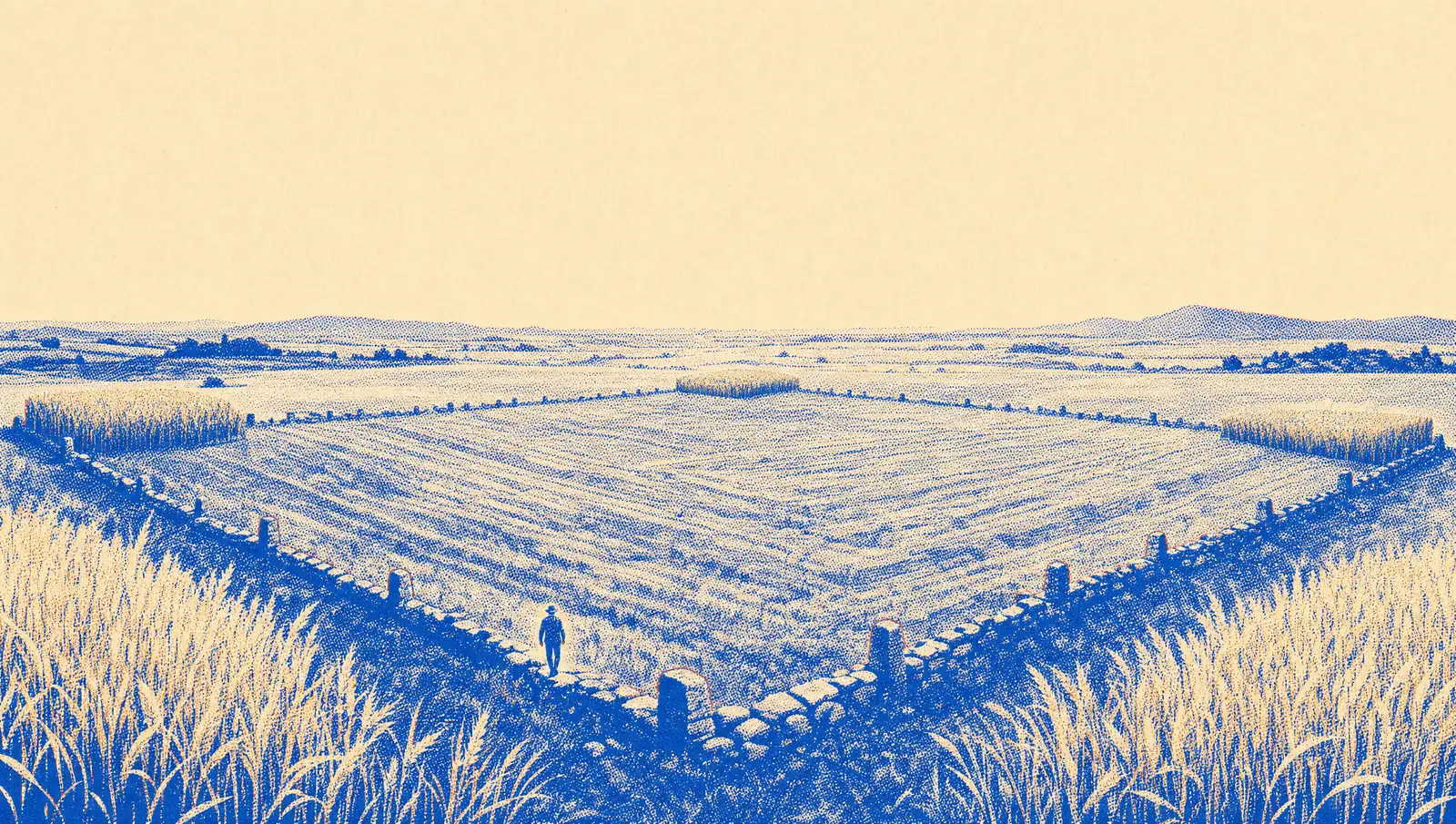 A bounded harvest field seen from above, its corners left standing with golden grain, one tiny farmer walking the boundary line
