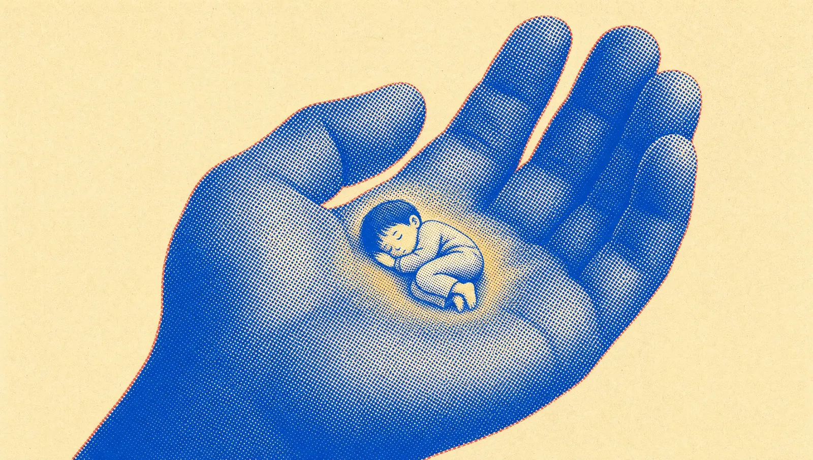 A tiny figure asleep, curled safely in the center of one enormous open halftone palm, warmed by a golden glow