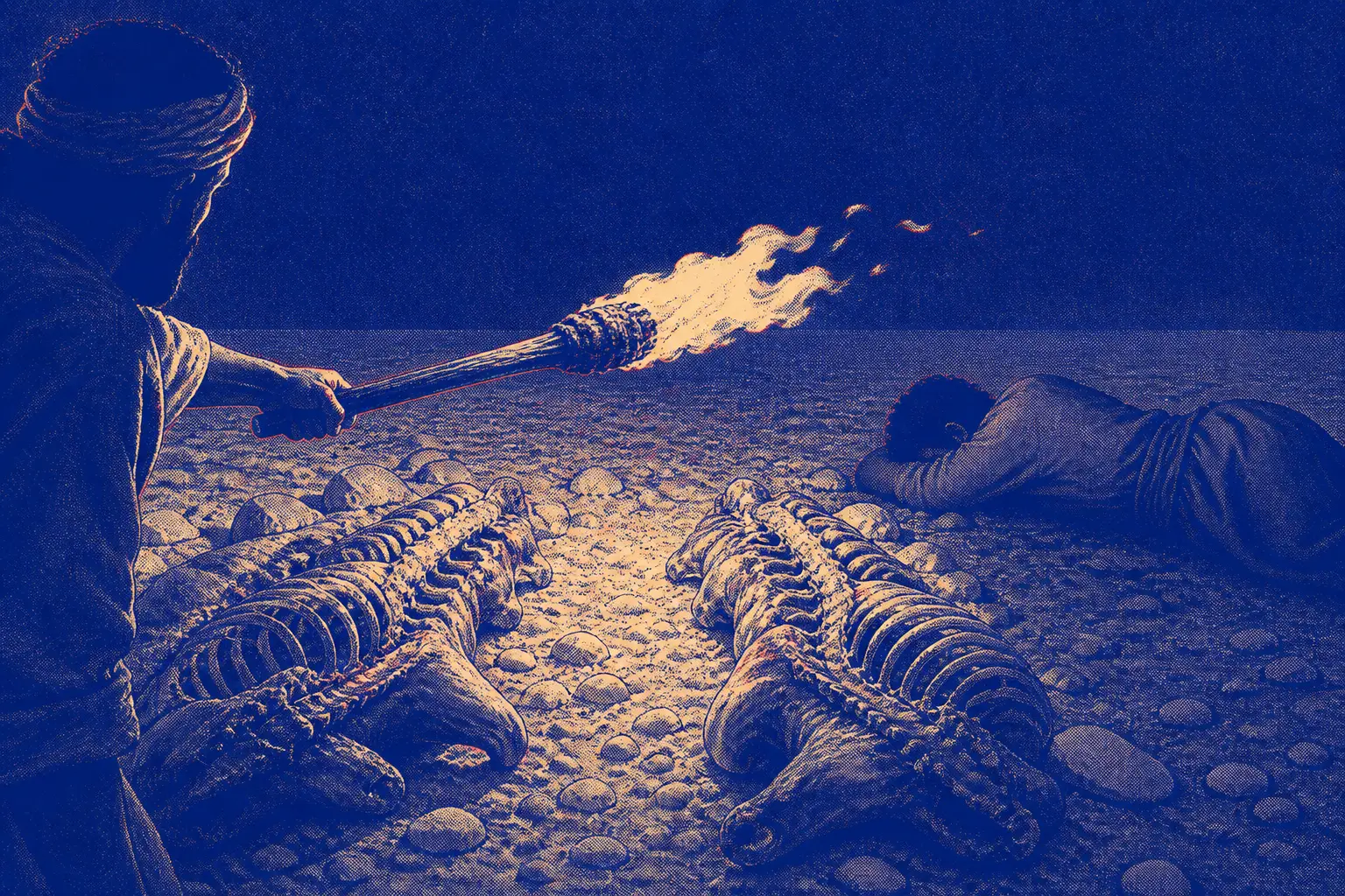 A burning torch carried low through darkness between rows of divided animal halves, its light raking across the ground, a sleeping man at the frame's edge left entirely in shadow