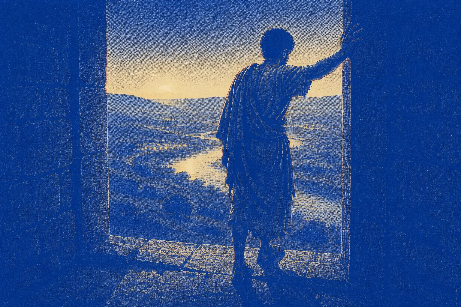 A young man alone in an upper doorway of a large stone house at dusk, one hand braced against the frame taking his weight, looking out across a river valley toward distant lights he is not going to reach
