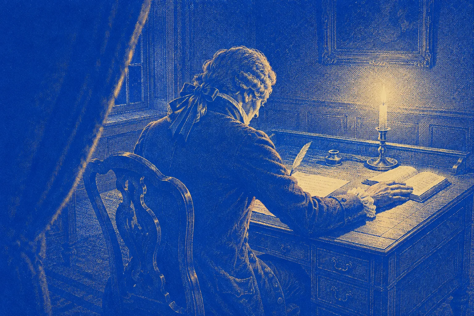 An eighteenth-century writing desk by candlelight, a half-written letter under one hand, a printed pamphlet pushed to the far edge of the desk with its pages open, the writer's other hand resting flat and still on the paper
