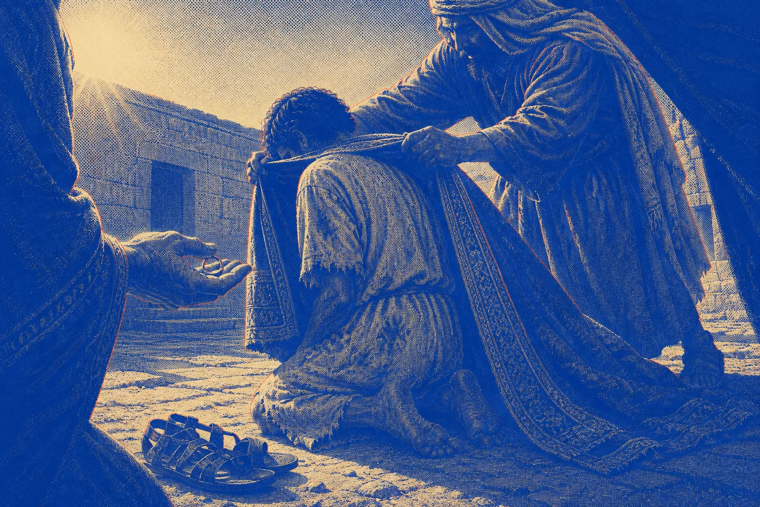 A father's hands sliding a heavy embroidered robe over the shoulders of a filthy exhausted young man kneeling in a courtyard, a signet ring held ready in another servant's palm, sandals set on the ground beside bare feet