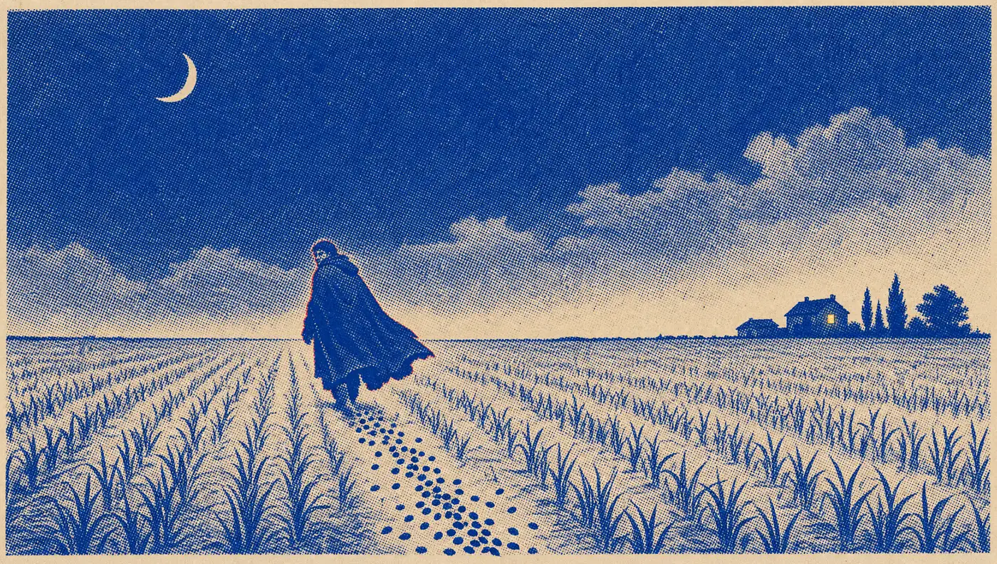 A cloaked figure slipping away through a moonlit field at night, a trail of scattered seed behind him